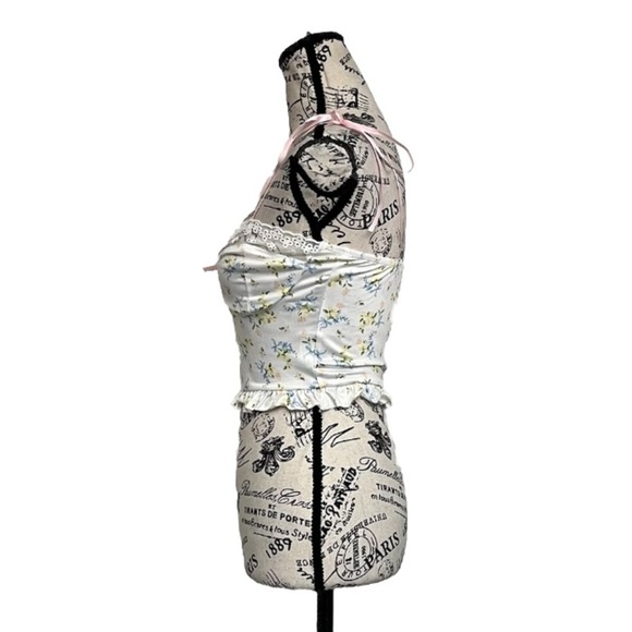 Sexy Floral Ribbon Strap Crop Top Lace Hippie Flower Ruffles Coquette  Cami S - Picture 4 of 12